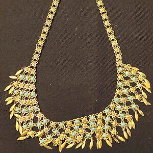 Vintage Faux Turquoise Gold Tone Statement Bib Choker Necklace